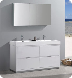 Fresca FVN8460WH-D Fresca Valencia 60" Glossy White Free Standing Double Sink Modern Bathroom Vanity w/ Medicine Cabinet