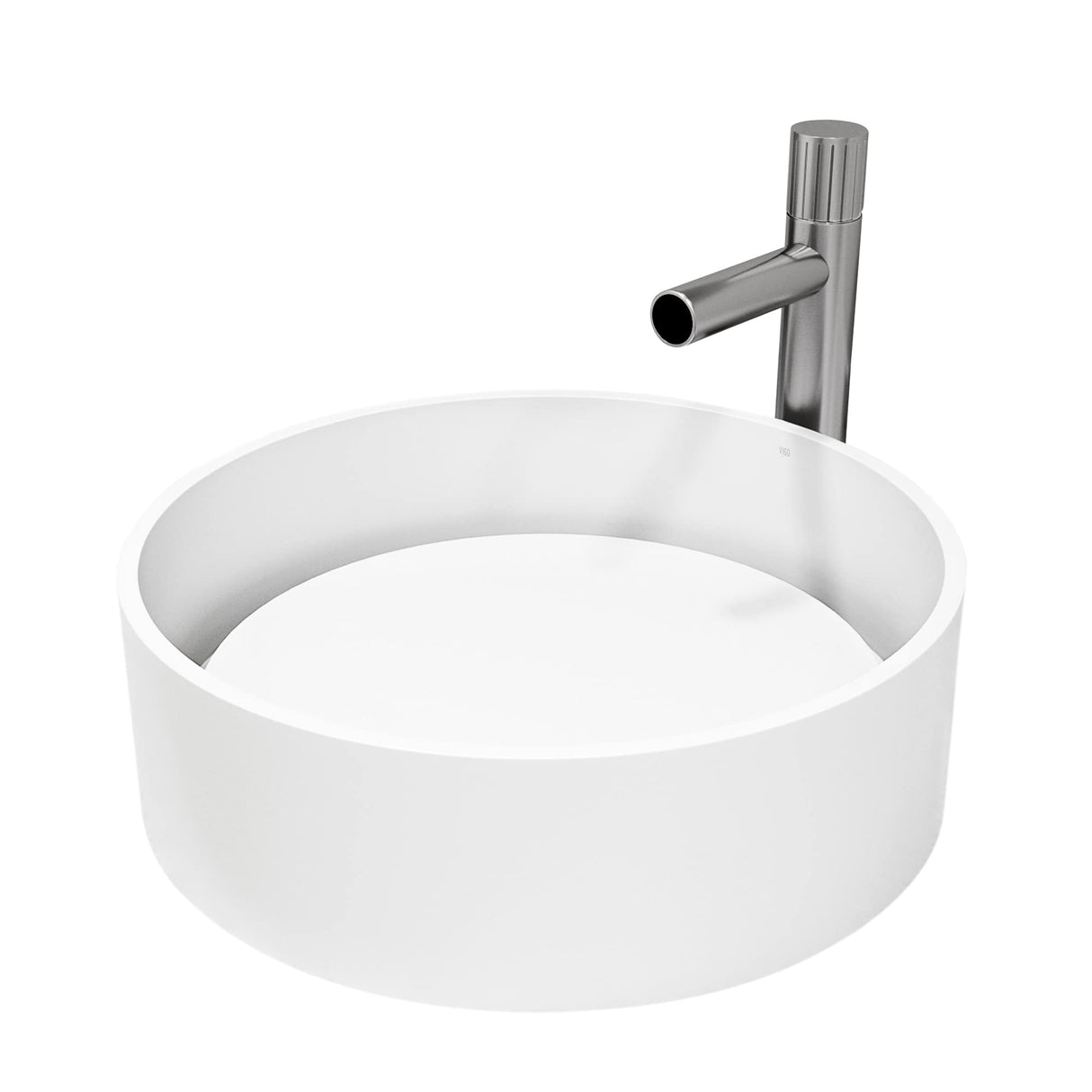 VIGO VGT2063 16.0" L -16.0" W -5.0" H Matte Stone Anvil Composite Round Vessel Bathroom Sink in White with Ashford Faucet and Pop-Up Drain in Brushed Nickel