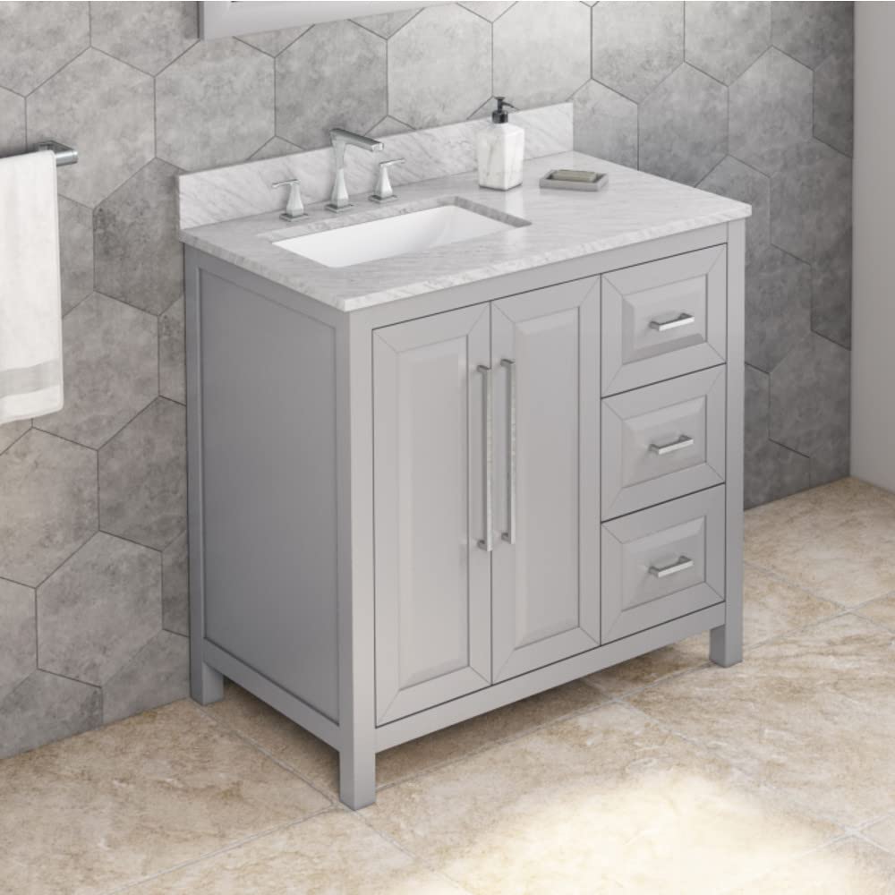 Jeffrey Alexander VKITCAD36GRWCR 36" Grey Cade Vanity, left offset, White Carrara Marble Vanity Top, undermount rectangle bowl