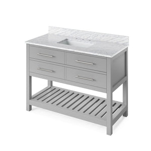 Jeffrey Alexander VKITWAV48GRWCR 48" Grey Wavecrest Vanity, White Carrara Marble Vanity Top, undermount rectangle bowl
