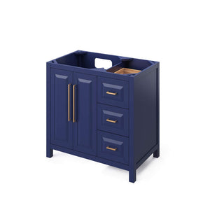 Jeffrey Alexander VKITCAD36BLCQR 36" Hale Blue Cade Vanity, left offset, Calacatta Vienna Quartz Vanity Top, undermount rectangle bowl