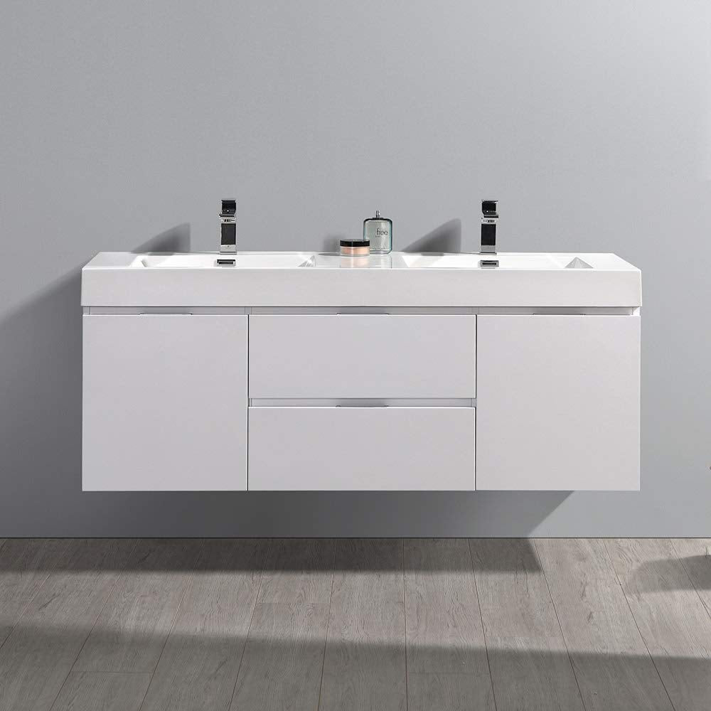 Fresca FCB8360WH-D-I Fresca Valencia 60" Glossy White Wall Hung Double Sink Modern Bathroom Vanity