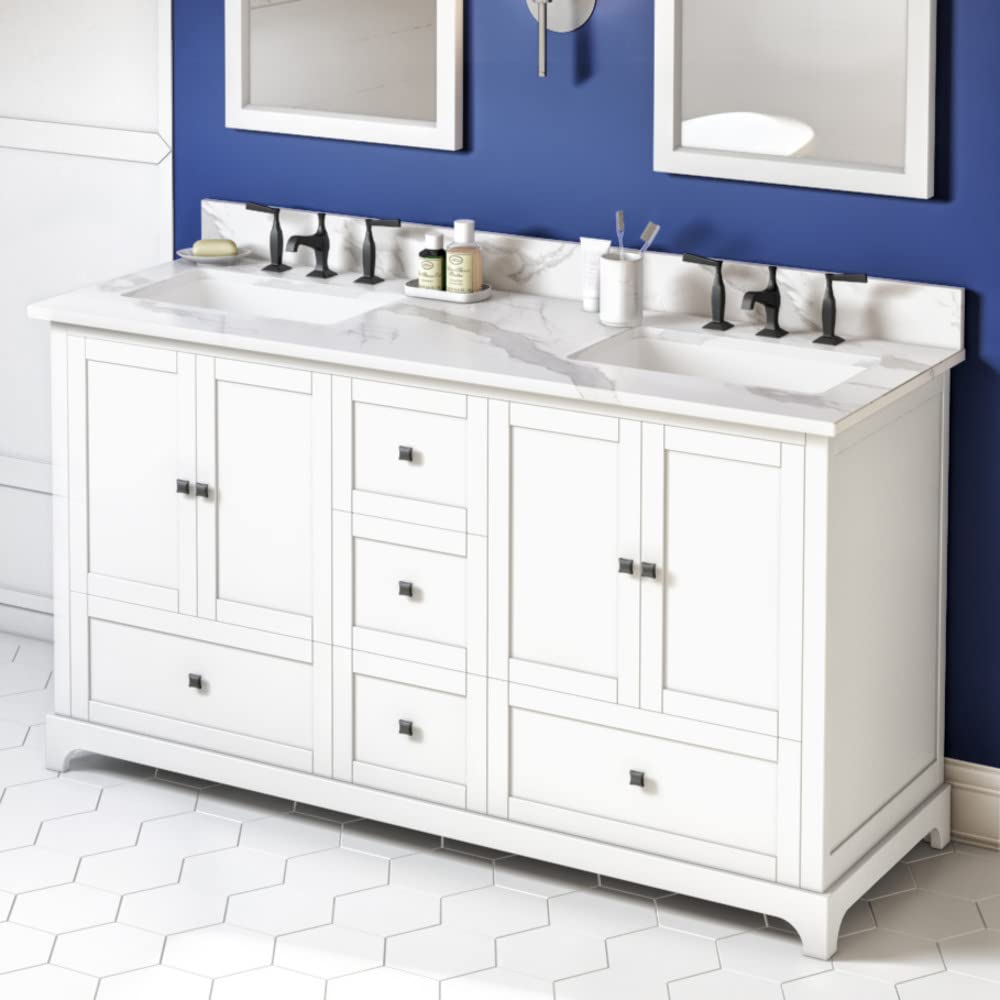 Jeffrey Alexander VKITADD60WHCQR 60" White Addington Vanity, double bowl, Calacatta Vienna Quartz Vanity Top, two undermount rectangle bowls