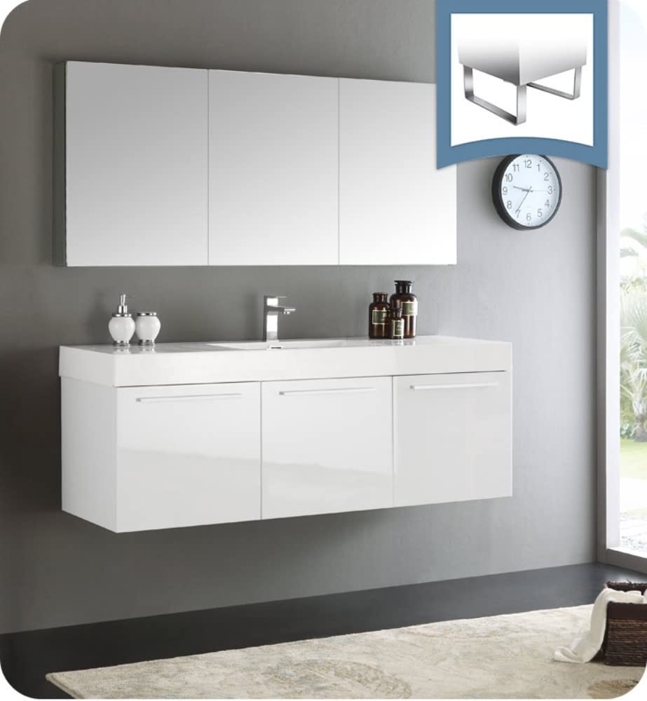 Fresca FVN8093WH Fresca Vista 60" White Wall Hung Single Sink Modern Bathroom Vanity w/ Medicine Cabinet