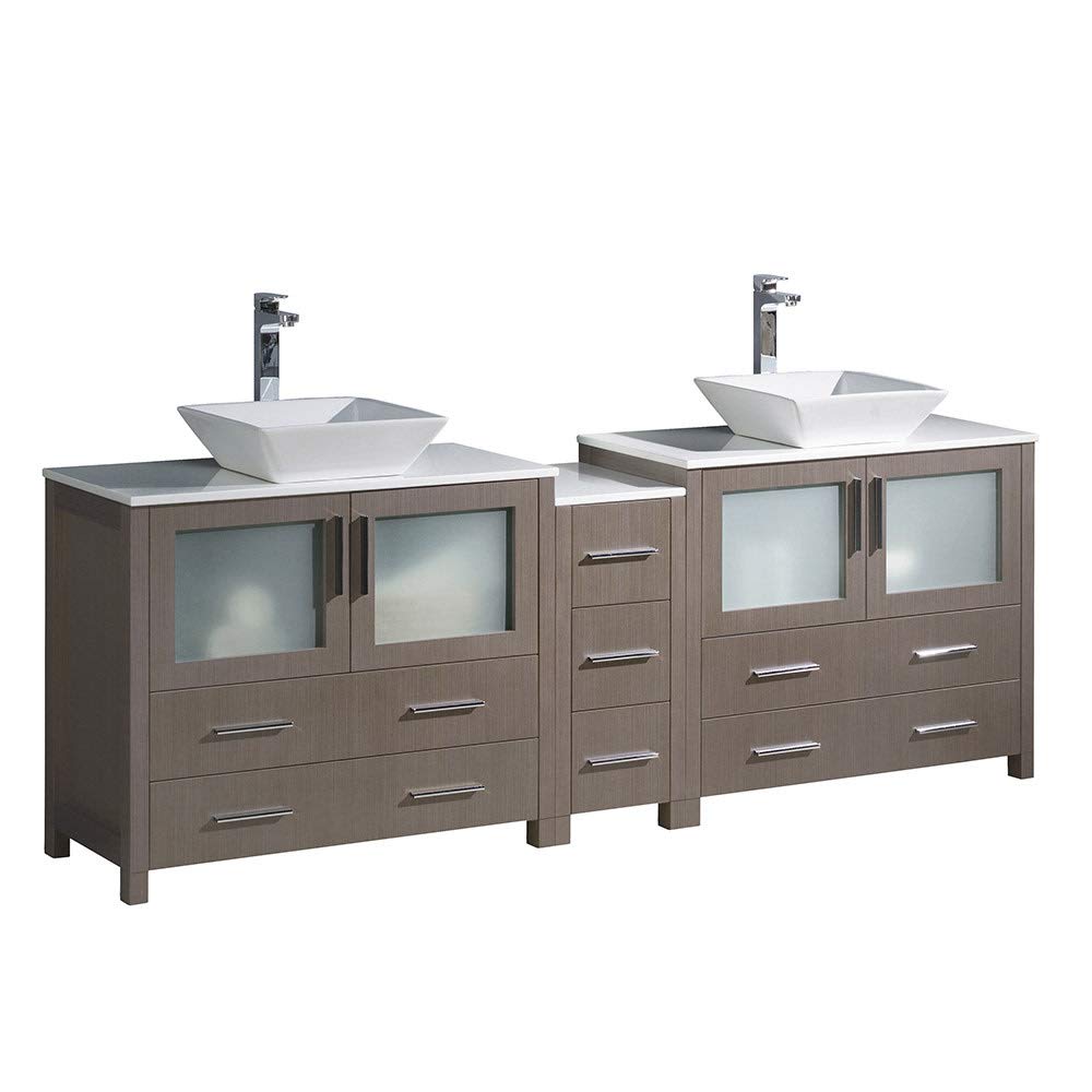 Fresca FCB62-361236GO-CWH-V Fresca Torino 84" Gray Oak Modern Double Sink Bathroom Cabinets w/ Tops & Vessel Sinks