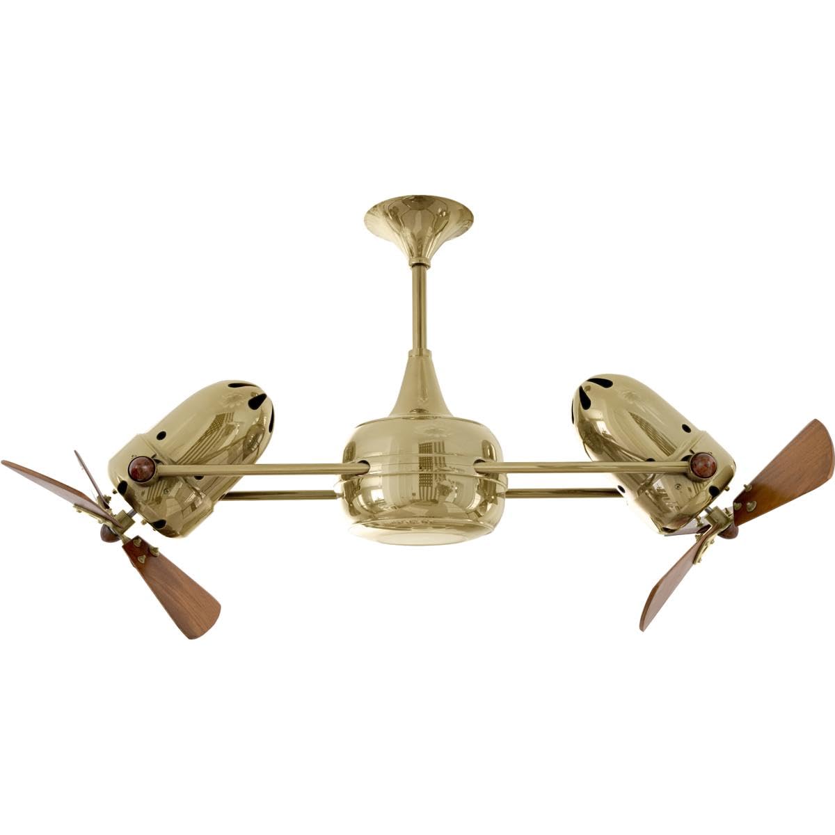 Matthews Fan DD-PB-WD Duplo Dinamico 360” rotational dual head ceiling fan in Polished Brass finish with solid sustainable mahogany wood blades.