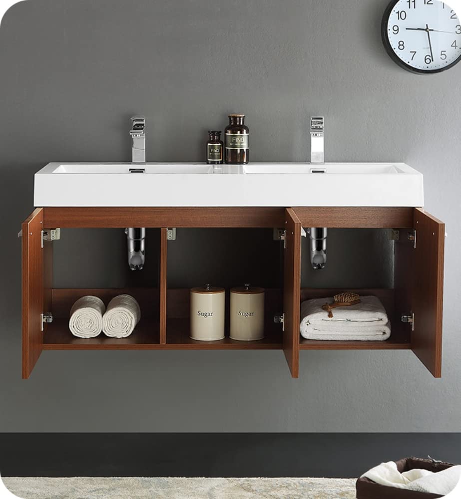 Fresca FCB8092TK-D Fresca Vista 48" Teak Wall Hung Double Sink Modern Bathroom Cabinet