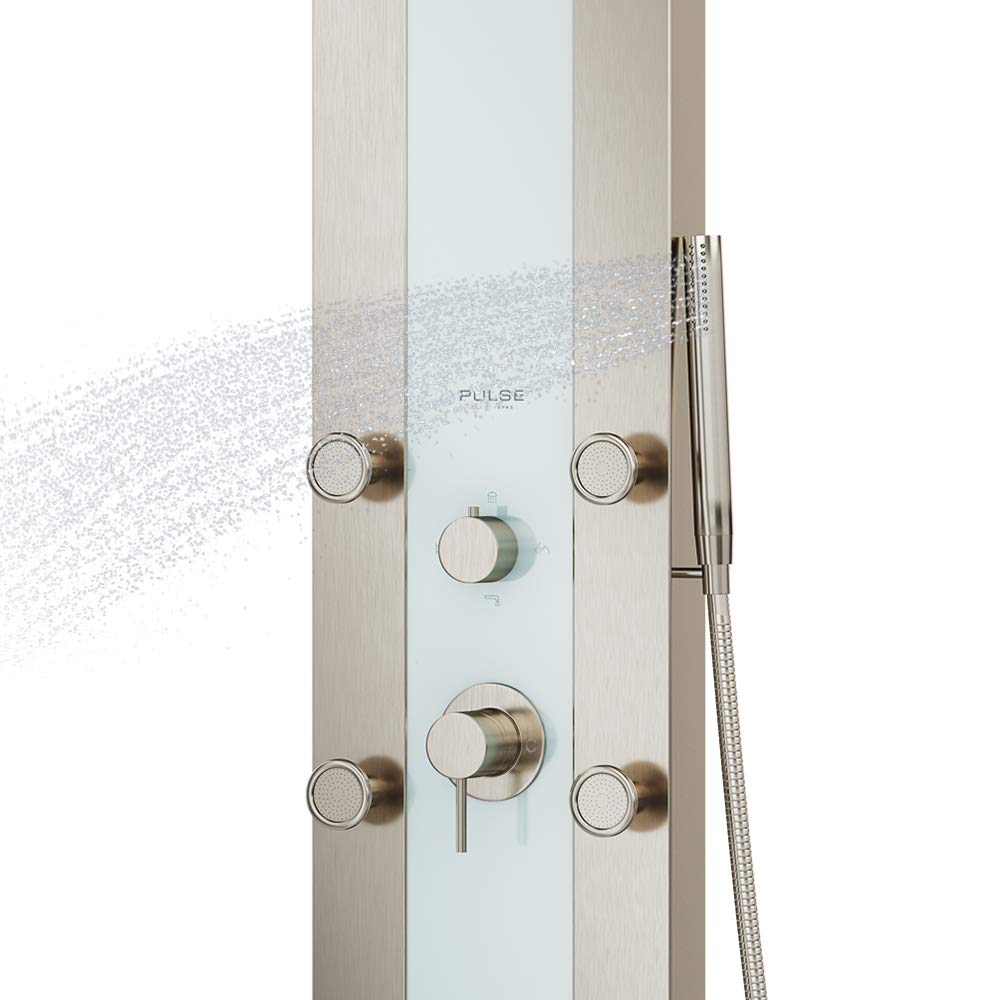 PULSE ShowerSpas 1039W-BN Tropicana ShowerSpa Panel with 10" Rain Showerhead, 6 Body Spray Jets and Hand Shower, White Glass with Brushed Nickel Fixtures, 2.5 GPM