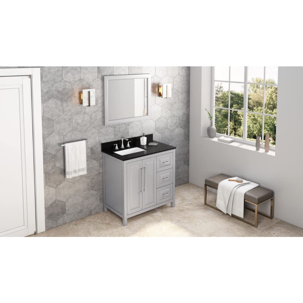 Jeffrey Alexander VKITCAD36GRBGR 36" Grey Cade Vanity, left offset, Black Granite Vanity Top, undermount rectangle bowl