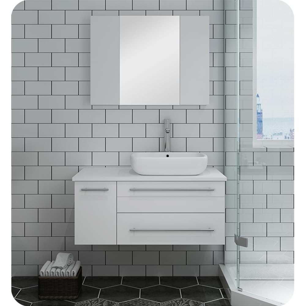 Fresca FVN6136WH-VSL-R Fresca Lucera 36" White Wall Hung Vessel Sink Modern Bathroom Vanity w/ Medicine Cabinet - Right Version