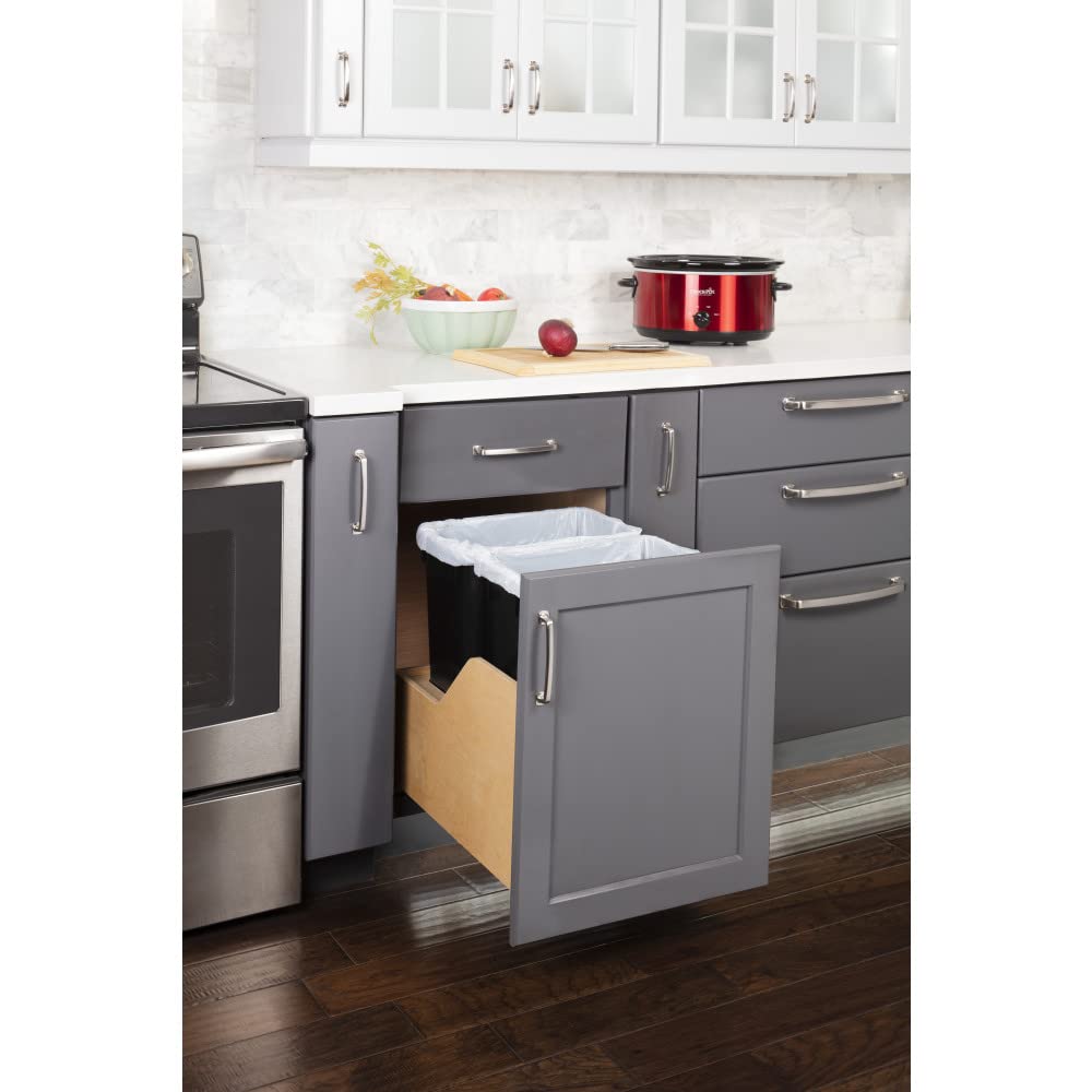 Hardware Resources CDM-WBMD3518B Double 35 Quart Wood Bottom-Mount Soft-close Trashcan Pullout for Door Mounting, Includes Two Black Cans