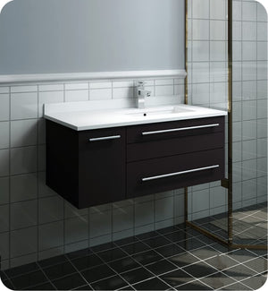 Fresca FCB6136ES-UNS-R-CWH-U Fresca Lucera 36" Espresso Wall Hung Modern Bathroom Cabinet w/ Top & Undermount Sink - Right Version