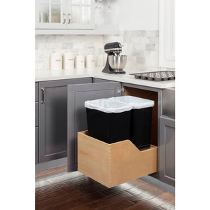Hardware Resources CAN-WBMD5018B Double 50 Quart Wood Bottom-Mount Soft-Close Trashcan Rollout for Hinged Doors, Includes Two Black Cans