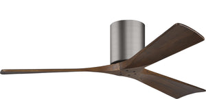 Matthews Fan IR3H-BP-WA-52 Irene-3H three-blade flush mount paddle fan in Brushed Pewter finish with 52” solid walnut tone blades. 