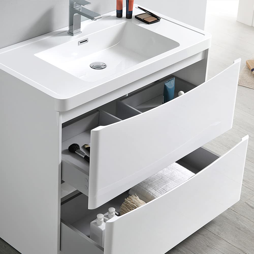 Fresca FCB9132WH-I Fresca Tuscany 32" Glossy White Free Standing Modern Bathroom Cabinet w/ Integrated Sink