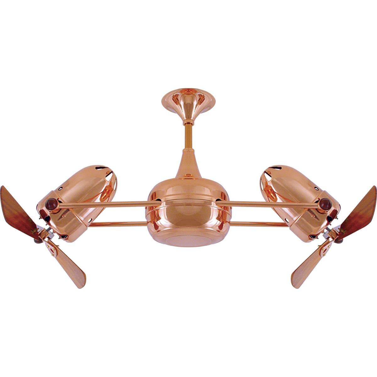 Matthews Fan DD-CP-WD Duplo Dinamico 360” rotational dual head ceiling fan in Polished Copper finish with solid sustainable mahogany wood blades.