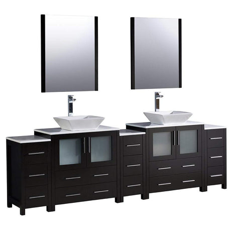 Fresca FVN62-96ES-VSL Fresca Torino 96" Espresso Modern Double Sink Bathroom Vanity w/ 3 Side Cabinets & Vessel Sinks