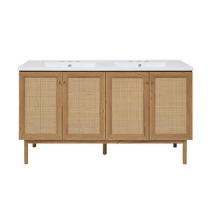 Classe 60" Freestanding Bathroom Vanity in Golden Oak with 3-Hole Widespread Double Basin Sink Top