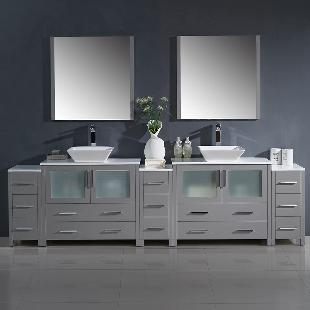 Fresca FVN62-108GR-VSL Fresca Torino 108" Gray Modern Double Sink Bathroom Vanity w/ 3 Side Cabinets & Vessel Sinks