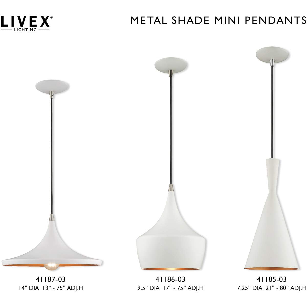 Livex Lighting 41186-03 Metal Shade - 9.5" One Light Mini Pendant, White Finish with White Metal/Gold Shade