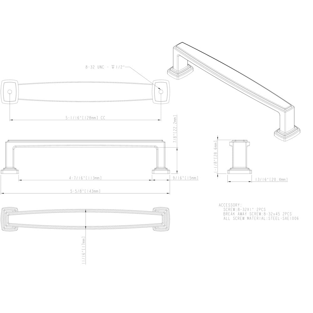 Jeffrey Alexander 171-128DBAC 128 mm Center-to-Center Brushed Oil Rubbed Bronze Richard Cabinet Pull