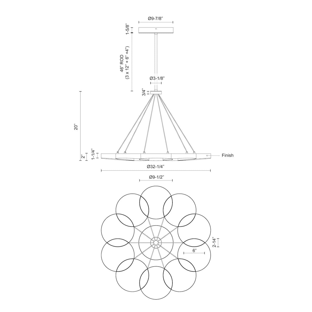 Kuzco CH90833-BK MAESTRO 33" CHANDELIER BLACK 75W 120VAC WITH LED DRIVER 3000K 90CRI