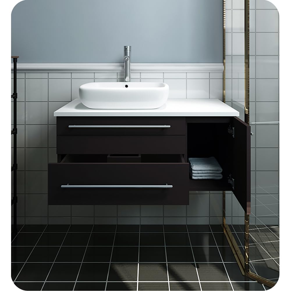 Fresca FCB6136GR-VSL-L-CWH-V Fresca Lucera 36" Gray Wall Hung Modern Bathroom Cabinet w/ Top & Vessel Sink - Left Version