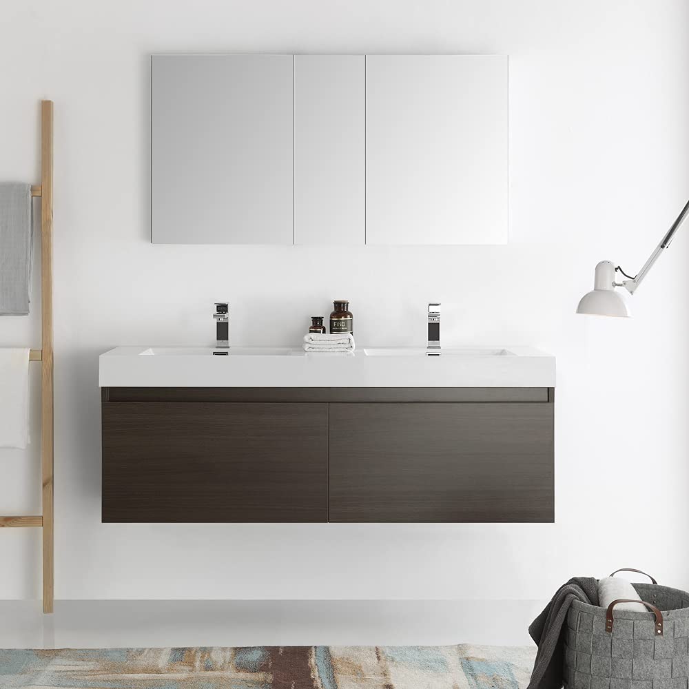 Fresca FVN8042WH Fresca Mezzo 60" White Wall Hung Double Sink Modern Bathroom Vanity w/ Medicine Cabinet