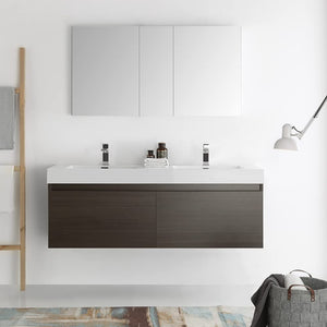 Fresca FVN8042GO Fresca Mezzo 60" Gray Oak Wall Hung Double Sink Modern Bathroom Vanity w/ Medicine Cabinet
