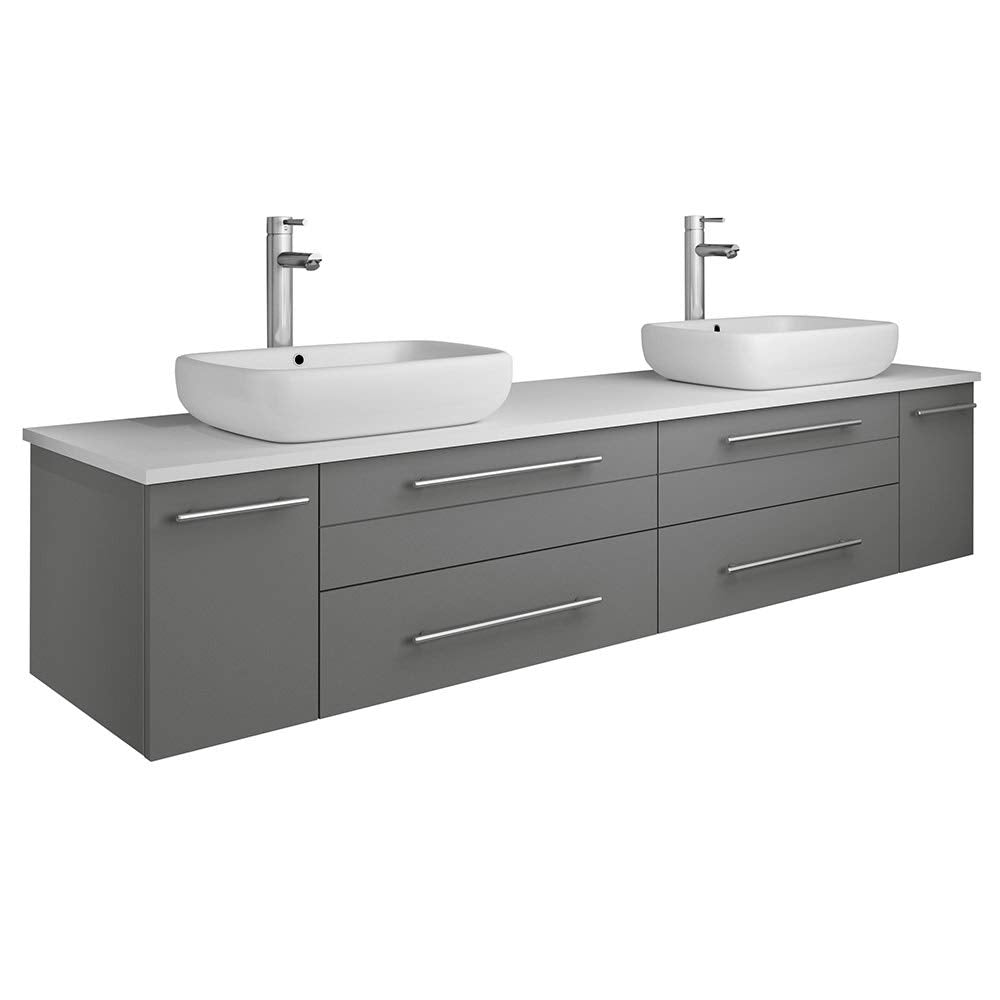 Fresca FCB6172GR-VSL-D-CWH-V Fresca Lucera 72" Gray Wall Hung Modern Bathroom Cabinet w/ Top & Double Vessel Sinks