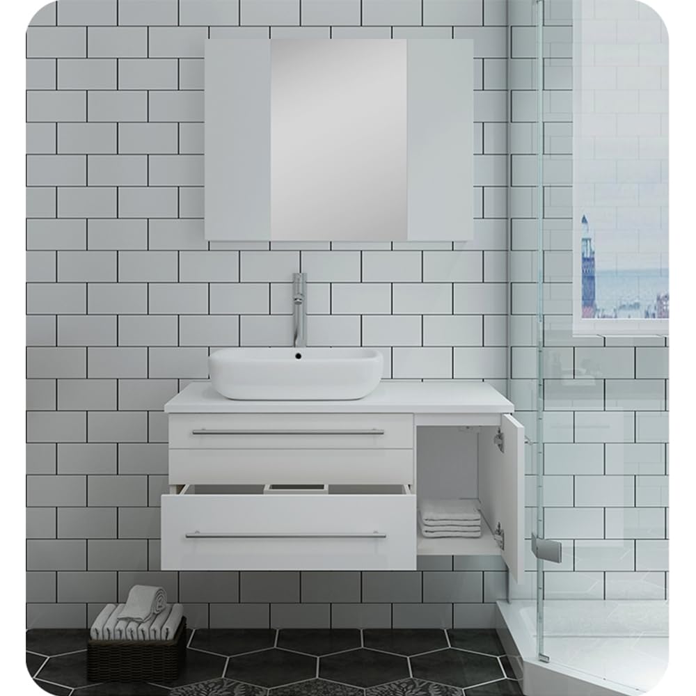 Fresca FVN6136WH-VSL-L Fresca Lucera 36" White Wall Hung Vessel Sink Modern Bathroom Vanity w/ Medicine Cabinet - Left Version