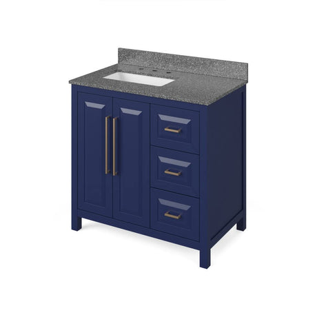 Jeffrey Alexander VKITCAD36BLBOR 36" Hale Blue Cade Vanity, left offset, Boulder Vanity Cultured Marble Vanity Top, undermount rectangle bowl