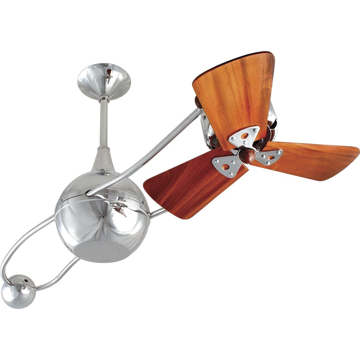 Matthews Fan B2K-CR-WD-Damp Brisa 360° counterweight rotational ceiling fan in Polished Chrome finish with solid sustainable mahogany wood blades for damp locations.