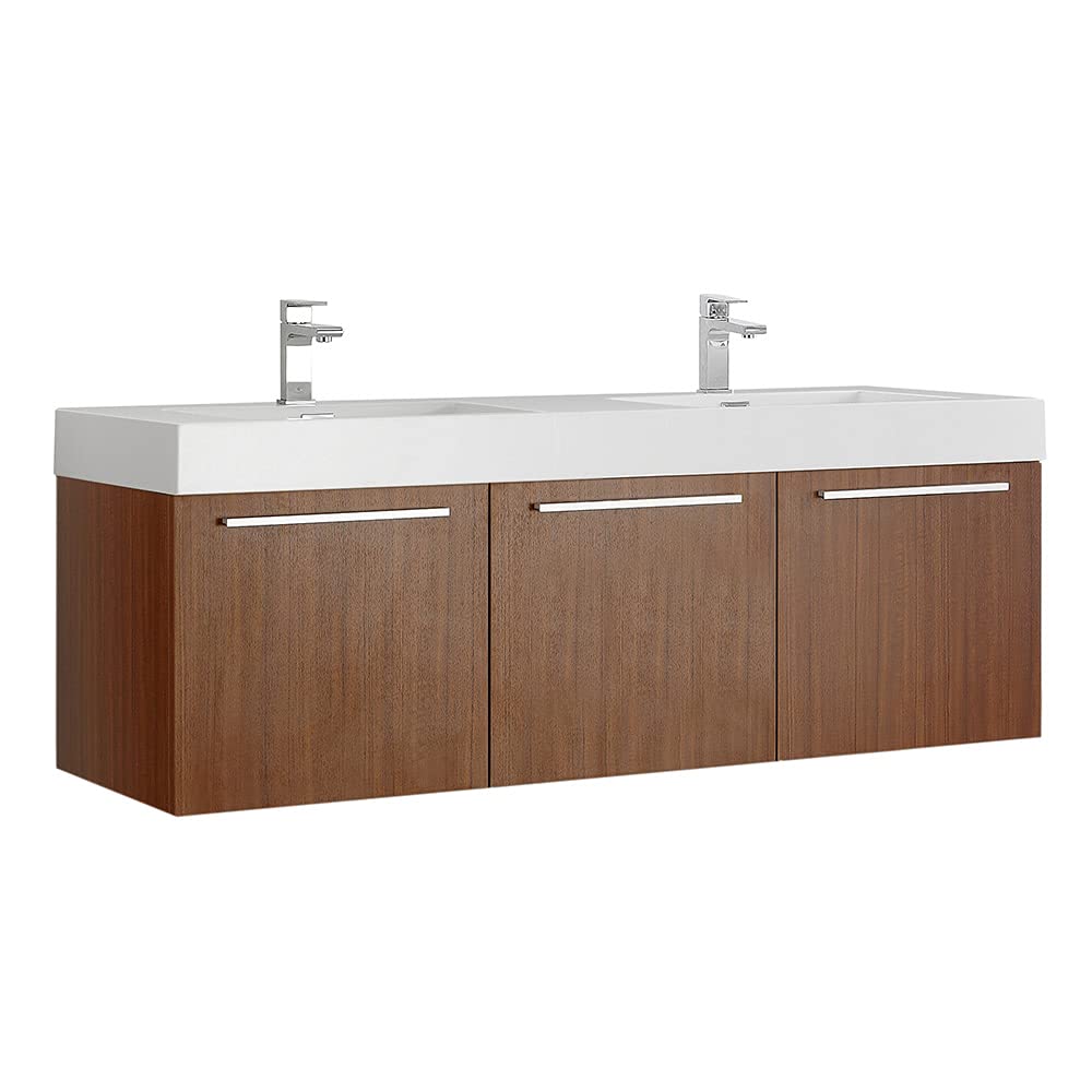 Fresca FCB8093TK-D-I Fresca Vista 60" Teak Wall Hung Double Sink Modern Bathroom Cabinet w/ Integrated Sink