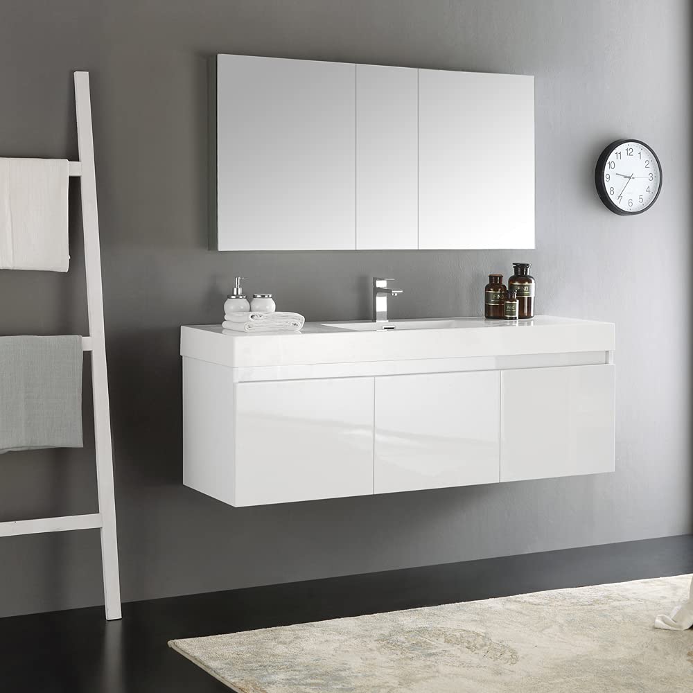 Fresca FVN8041WH Fresca Mezzo 60" White Wall Hung Single Sink Modern Bathroom Vanity w/ Medicine Cabinet