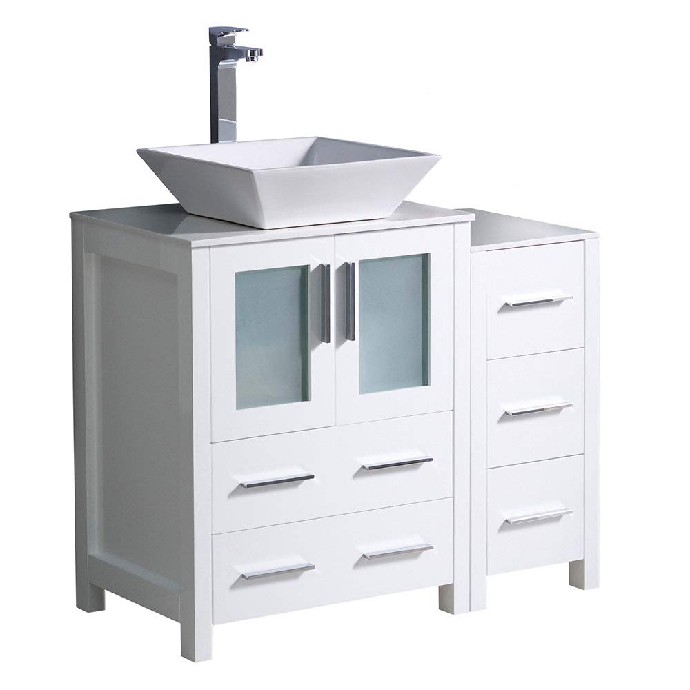 Fresca FCB62-2412WH-CWH-V Fresca Torino 36" White Modern Bathroom Cabinets w/ Top & Vessel Sink