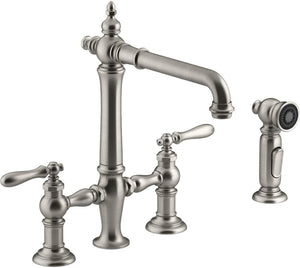 Kohler 76519-4-VS K-76519-4-VS Artifacts Deck-Mount Bridge Kitchen Sink Faucet with Lever Handles and sidespray Vibrant Stainless