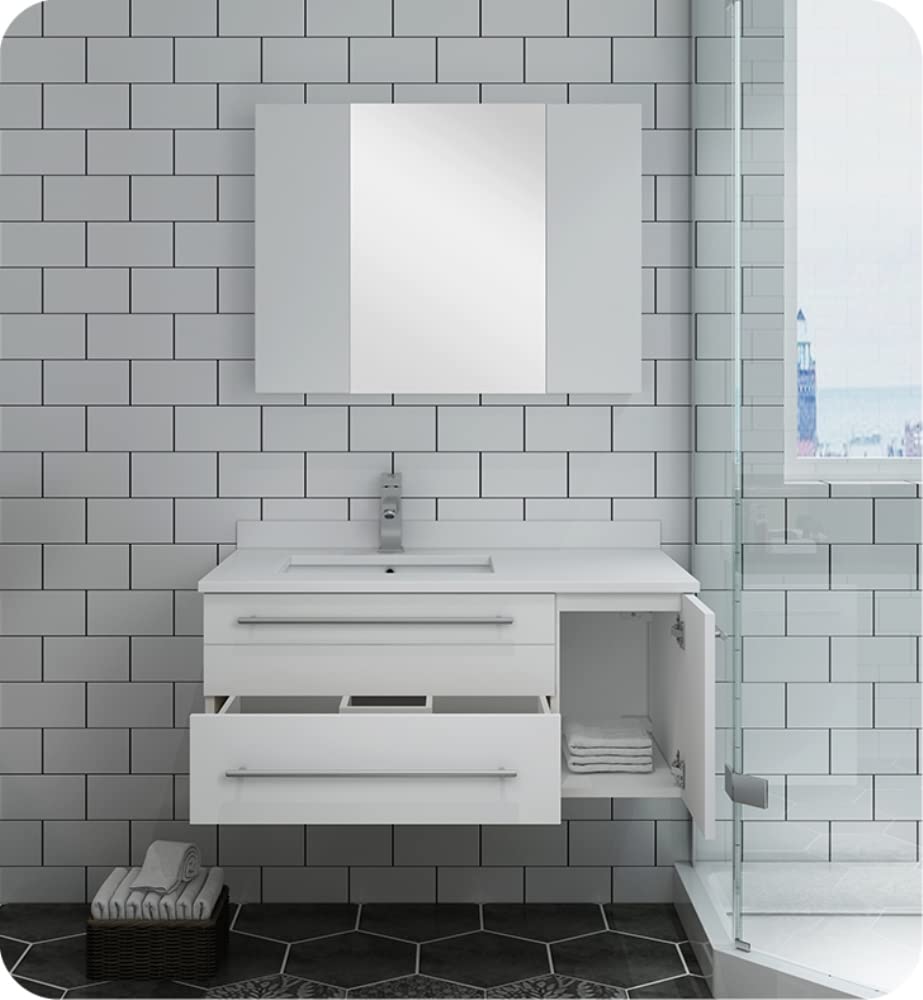 Fresca FVN6136WH-UNS-L Fresca Lucera 36" White Wall Hung Undermount Sink Modern Bathroom Vanity w/ Medicine Cabinet - Left Version