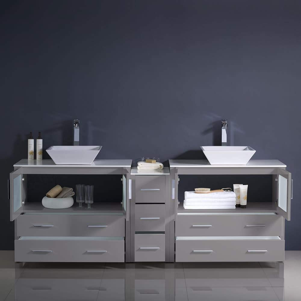 Fresca FCB62-361236WH-CWH-V Fresca Torino 84" White Modern Double Sink Bathroom Cabinets w/ Tops & Vessel Sinks