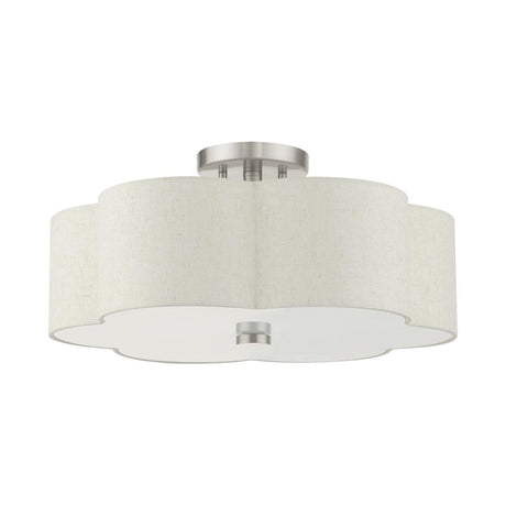 Livex Lighting 58064-91 Solstice Collection 3-Light Semi Flush Mount Ceiling Light with Oatmeal Color Hardback Fabric Shade, Brushed Nickel
