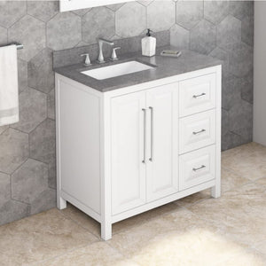 Jeffrey Alexander VKITCAD36WHSGR 36" White Cade Vanity, left offset, Steel Grey Cultured Marble Vanity Top, undermount rectangle bowl