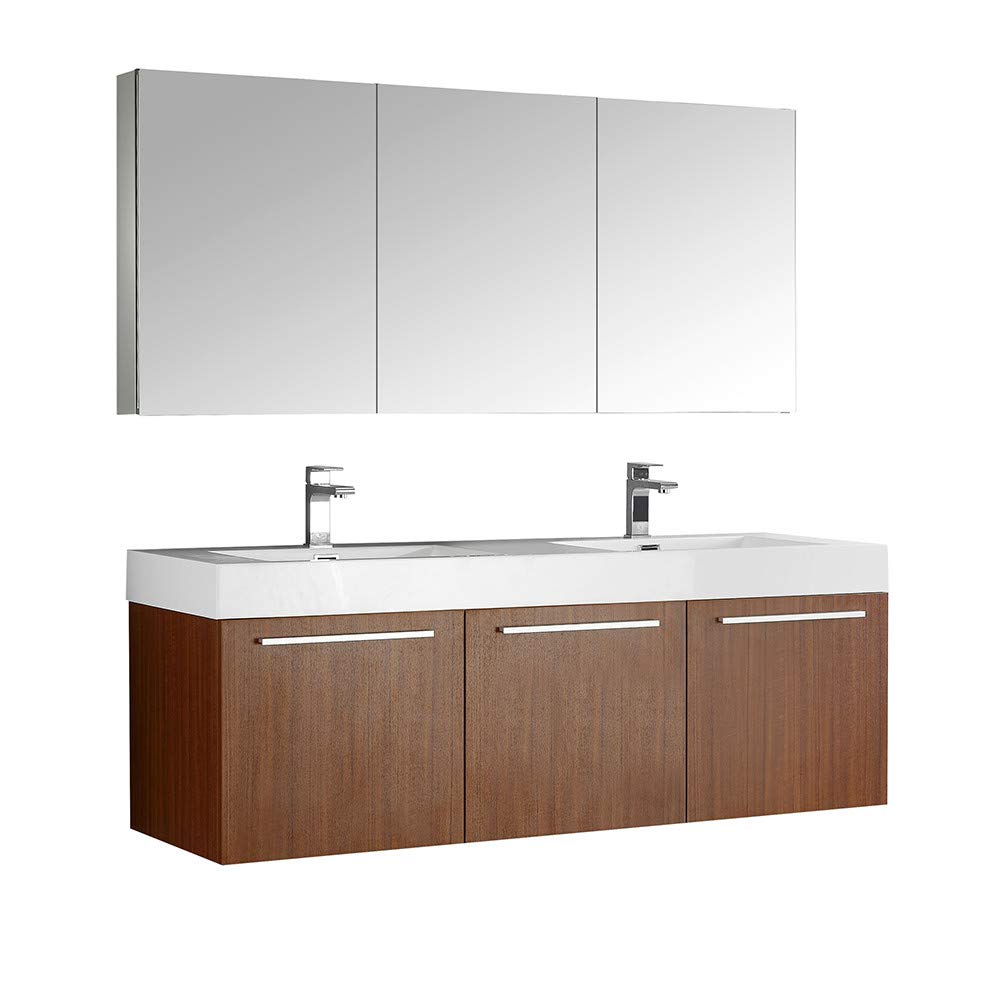 Fresca FVN8093TK-D Fresca Vista 60" Teak Wall Hung Double Sink Modern Bathroom Vanity w/ Medicine Cabinet