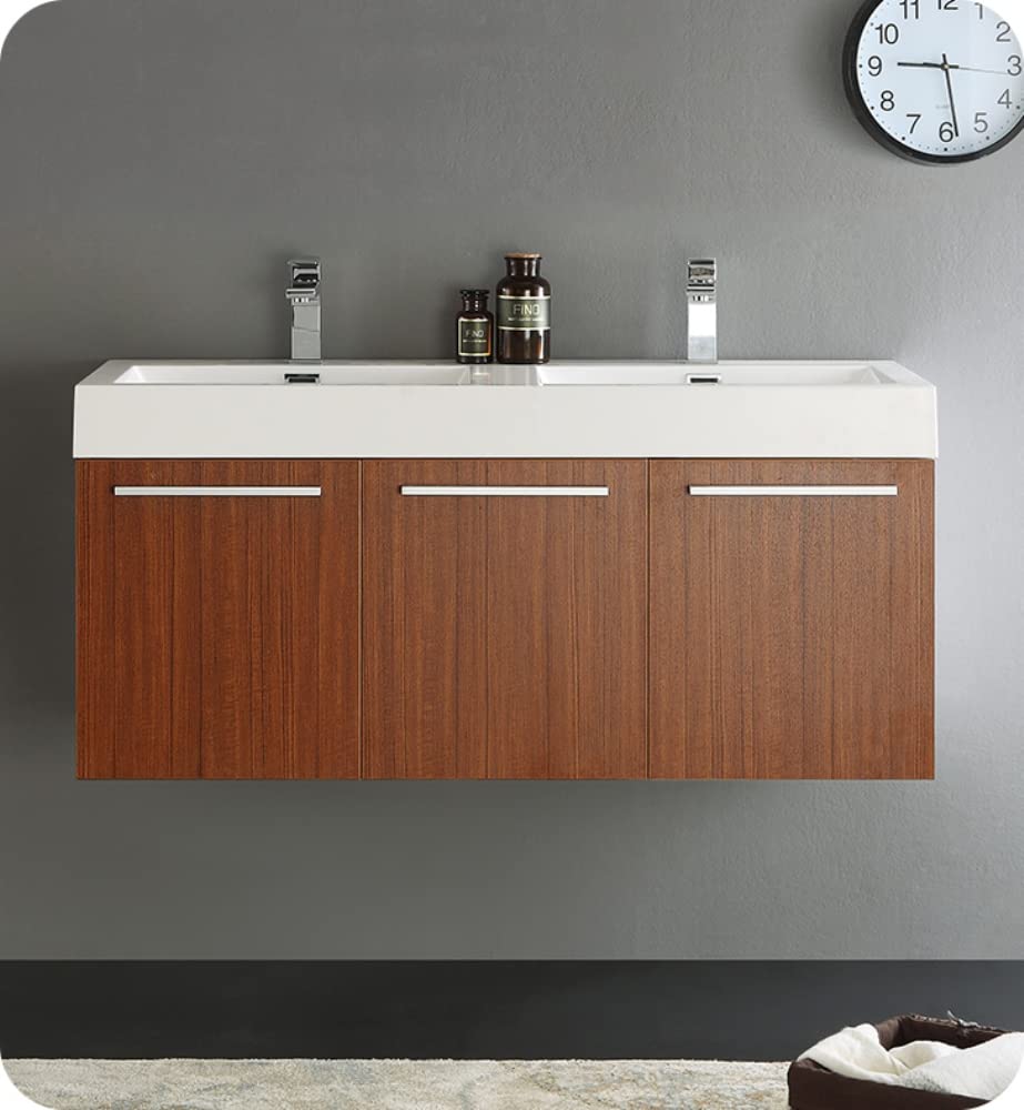Fresca FCB8092TK-D Fresca Vista 48" Teak Wall Hung Double Sink Modern Bathroom Cabinet