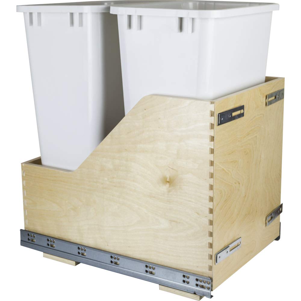 Hardware Resources CDM-WBMD50WH Double 50 Quart Bottom-Mount Soft-close Trashcan Pullout for Door Mounting, Includes Two White Cans