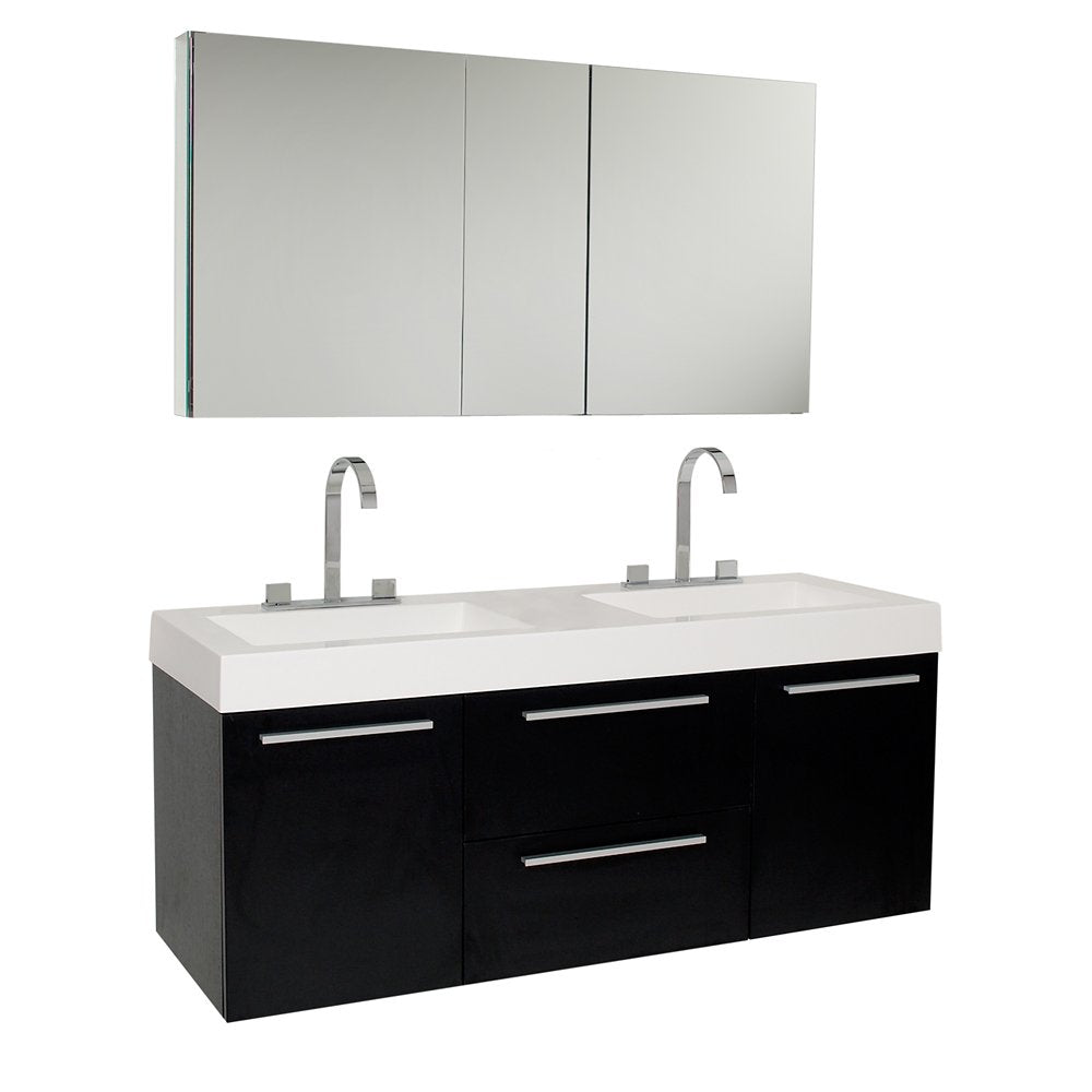 Fresca FVN8013BW Fresca Opulento 54" Black Modern Double Sink Bathroom Vanity w/ Medicine Cabinet