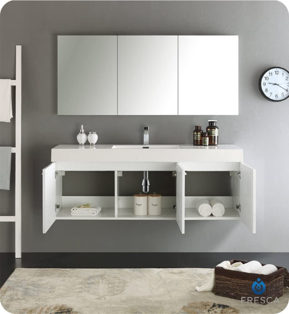 Fresca FVN8093WH Fresca Vista 60" White Wall Hung Single Sink Modern Bathroom Vanity w/ Medicine Cabinet