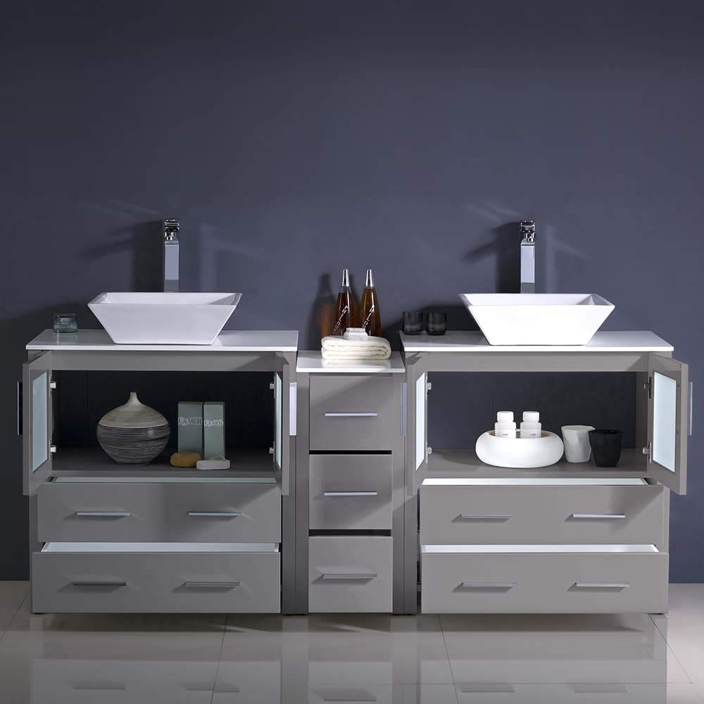 Fresca FCB62-301230GO-CWH-V Fresca Torino 72" Gray Oak Modern Double Sink Bathroom Cabinets w/ Tops & Vessel Sinks