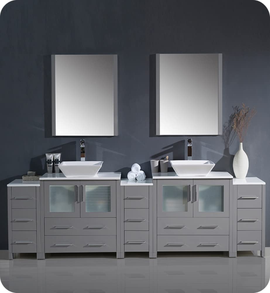 Fresca FVN62-96GR-VSL Fresca Torino 96" Gray Modern Double Sink Bathroom Vanity w/ 3 Side Cabinets & Vessel Sinks