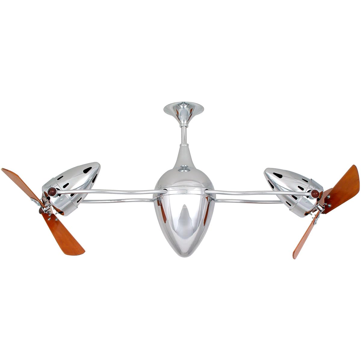 Matthews Fan AR-CR-WD Ar Ruthiane 360° dual headed rotational ceiling fan in polished chrome finish with solid sustainable mahogany wood blades.