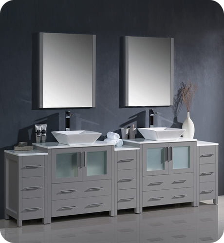 Fresca FVN62-96GR-VSL Fresca Torino 96" Gray Modern Double Sink Bathroom Vanity w/ 3 Side Cabinets & Vessel Sinks